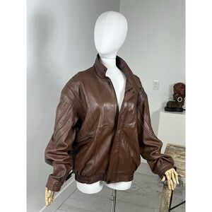 Men's Brown Leather Bomber Jacket Size XL Outlaws Leather Zip Closure